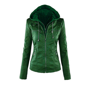 Women's Brown PU <b>Leather</b> Hooded Motorcycle <b>Jacket</b> With Zipper Closure And Detachable Hat Windproof Autumn Wear - Product Image 2