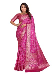 Sari en satin de soie doux à imprimé traditionnel Bandhej avec bordure tissée Kanchi Zari pour mariage, Diwali et fête - Product Image 4
