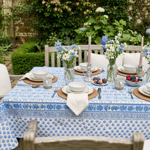 Trellis Blue Booti Hand Block Printed Cotton <b>Tablecloth</b> 180x270cm Handmade Designer Premium Dining Table Home Decor Gift - Product Image 3