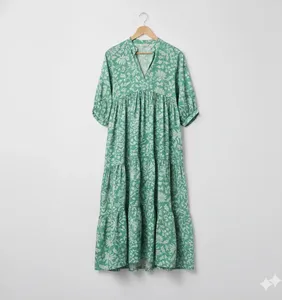 Robe midi bohème pour femme en coton bleu clair à imprimé floral, manches 3/4, coupe ample, col en V, robe d'été décontractée - Product Image 3