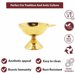 Lámpara de aceite Diya de latón con pedestal SpillBox, hecha a mano, con patrón geométrico tradicional, Deepam Vilakku, lámpara de Pooja para el hogar, el templo y Diwali - Product Image 3