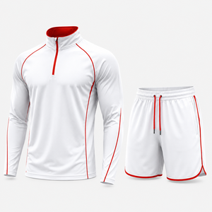 Conjunto de Pantalones Cortos y Sudadera con Cierre de Cremallera de un Cuarto, Color Blanco con Ribete Rojo, para Hombre, Tejido de Punto, Deportivo, Ecológico, de Poliéster, Secado Rápido, para Primavera - Product Image 5