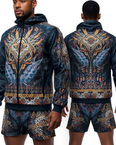 Conjunto de chándal de dos piezas para hombre con estampado de bloques de color por sublimación, estilo urbano de verano, manga larga, cierre de cremallera, ajuste holgado y cuello alto. - Product Image 3