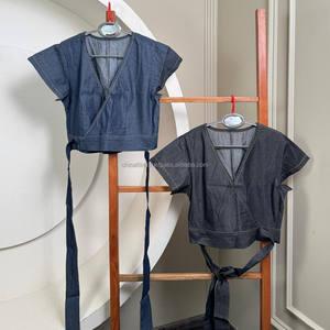 Top corto vaquero de moda para mujer con cuello en V profundo y lazo en la espalda blusa elegante de ajuste ajustable para Sari Y2K ropa de calle estética - Product Image 4