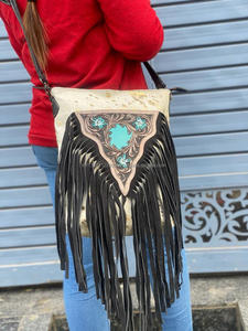 Real Handmade Vintage Boho Hair on Metallic Tooled Leather Fringe Handbag Western Genuine Leather Crossbody Purse for Women's - Product Image 2