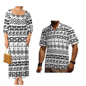 Robe à volants élégante et confortable pour femme avec imprimé tribal polynésien personnalisé, assortie à des chemises Aloha bleu clair pour homme, ensemble polynésien pour couple - Product Image 3