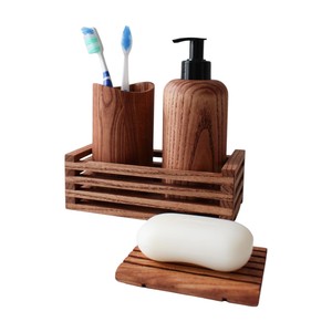 Modern Eco-Friendly Natural Wood Four-Piece Bathroom Accessory <b>Sets</b> Pump <b>Soap</b> Dispenser Bottle Toothbrush Tumbler Holder Slatted - Product Image 1