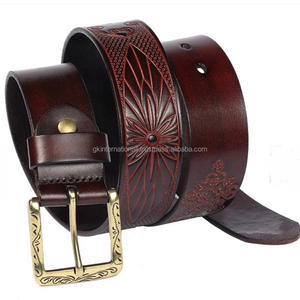 Factory Wholesale Genuine Leather <b>Belt</b> Casual Floral Embossed Trendy Western Leather Tooling <b>Belt</b> <b>Cowboy</b> Design Metal Buckle - Product Image 2