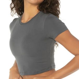 Custom Wholesale Women Fitted Crop T Shirt Short Sleeve Crew Neck <b>Stretch</b> Casual Top Slim Fit Yoga Gym Fitness Activewear Tee - Product Image 2
