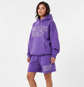 <b>Women</b> Loose Fit Hooded Sweat <b>Short</b> Set 100% Polyester Full Sleeve Drop Shoulder <b>Knee</b> <b>Length</b> <b>Shorts</b> Casual Fleece Sweat <b>Short</b> Set - Product Image 1