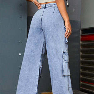 Jean cargo en denim taille haute à jambe large pour femme, coupe ample, longueur intégrale, en coton délavé, décontracté, pour le printemps - Product Image 2