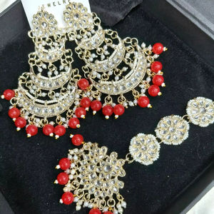 ต่างหูแบบจัมก้าทรงโคมระย้าประดับมุกเทียมเพชรซิร์คอน ชุบทองคุณภาพสูง ทำจากโลหะผสมสังกะสี ดีไซน์แบบดั้งเดิม สีชมพู พร้อมเครื่องประดับศีรษะแบบมงติกก้า - Product Image 1