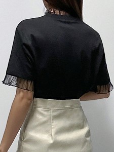 2026 Trendy Elegant Mesh Ruffle Trim Black Short Sleeve Crewneck Top Summer Casual Solid Color Blouse Oem Custom Women's Shirts - Product Image 2