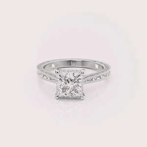 Solid 925 Sterling Silver Princess Cut Lab Grown Diamond Engagement <b>Ring</b> Vintage Engraved <b>Band</b> IGI Certified Rhodium Plated - Product Image 1