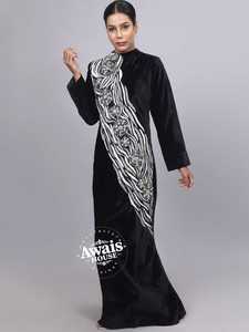 AWAIS HOUSE Luxurious Velvet Lightweight High Neck Long Sleeve Floor Length <b>Flared</b> Hem Hand Beaded Plus Size Kaftan Women Ethnic - Product Image 4