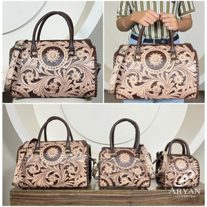 Custom Hand <b>Tooled</b> <b>Leather</b> Floral Design Duffel Bags Large Capacity Genuine Cow <b>Leather</b> Travel Weekender Speedy Luggage Bags - Product Image 1