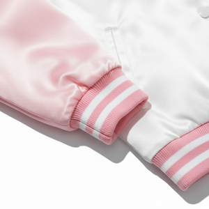 Veste de sport en satin personnalisée pour femmes |   Blouson bomber rose et blanc à manches raglan de haute qualité |   Veste Letterman slim fit pour la danse - Product Image 3