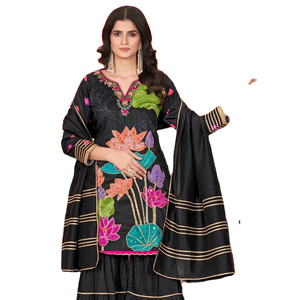 Latest Traditional Winter Indian Embroidered Sharara Gharara Kurti Set Muslin Cotton Pakistani Designer Customize Ethnic Wear - Product Image 1