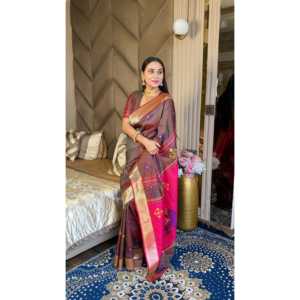 Sari de Seda Suave con Tinte Café, Estilo Ikkat Patola, con Motivos de Pavo Real y Borde Dorado Zari, Vestido de Noche con Motivos Meenakari en el Pallu - Product Image 3