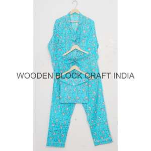 Ensemble de vêtements de détente en coton bleu classique avec motif floral, taille élastique, élégance du lit au brunch pour toutes les saisons, idéal pour l'été - Product Image 6