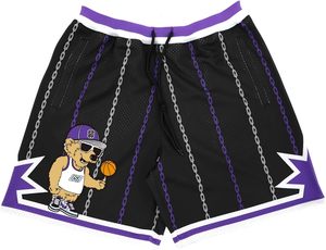 White Basketball Shorts With Print Purple Trim Drawstring Waist <b>Hip</b> Hop Style - Product Image 3