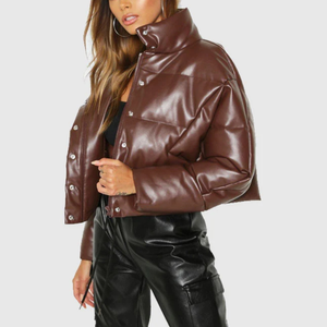 Chaqueta Corta Acolchada de Piel Sintética Marrón para Mujer, Abrigo Grueso y Cálido para Invierno - Product Image 5