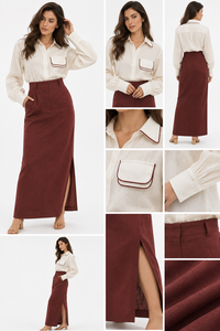 Fournisseur OEM professionnel - Ensemble 2 pièces décontracté d'été en lin/coton : Haut blanc uni à manches longues et jupe longue fendue marron ajustée - Product Image 2