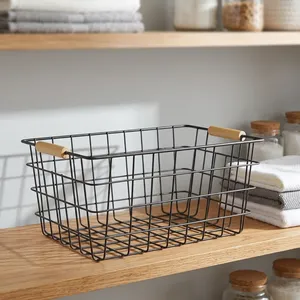 Panier de rangement en fil métallique avec poignée en bois, organisateur portable en métal pour le bureau, la salle d'étude, la cuisine, les collations, les fruits et les légumes - Product Image 6