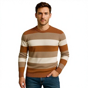 Pull décontracté rayé pour homme, col rond, coupe ajustée, rayures horizontales multicolores, tricot chaud pour l'automne et l'hiver - Product Image 1