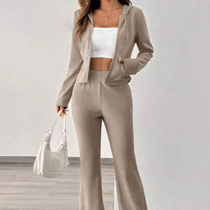 Ensemble de survêtement d'hiver pour femmes grande taille, couleur unie, sweat-shirt 100% coton avec pantalon de jogging deux pièces - Product Image 2