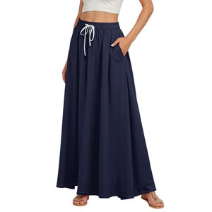 Women Navy Solid Color A-Line Floor-Length <b>Skirt</b> Drawstring <b>Elastic</b> <b>Waist</b> Pockets Casual Wear All Seasons 100% Polyester Woven - Product Image 6