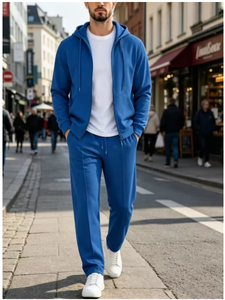 Survêtement bleu à capuche pour homme, coupe droite, couleur unie, fermeture éclair, décontracté, automne, polyester, respirant, polaire, coupe régulière, côtés zippés - Product Image 4
