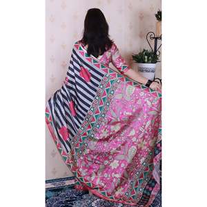 Sari de Seda Tussar Gris Tradicional Chino de Elite Weaves con Rayas y Diseño Estampado con Hilo Zari - Product Image 4