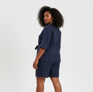 <b>Women's</b> <b>Navy</b> Blue Oxford One Piece Romper Turn-down Collar Three Quarter Sleeve Casual Spring Summer Wear - Product Image 3