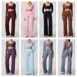 Ensemble de yoga sans couture 2 pièces bordeaux pour femme : haut court à manches longues et pantalon taille haute à jambes larges, extensible, tenue de sport - Product Image 6