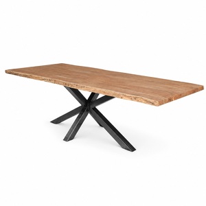 Mesa de comedor de madera maciza de acacia con borde natural y base plegable de metal en forma de X, estilo industrial moderno, para uso en restaurantes, cafeterías y hoteles. - Product Image 1