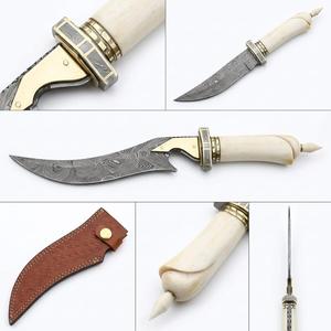 Cuchillo utilitario de hoja fija para exteriores de 26 cm, hecho a mano en acero inoxidable, con mango de hueso tallado y funda de cuero cosida. - Product Image 4