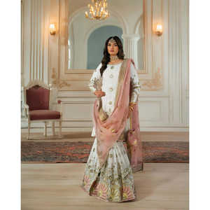 NSR Designer Top de fête blanc pour femme-Ensemble Plazzo et Dupatta avec broderie lourde Taille M - Product Image 2