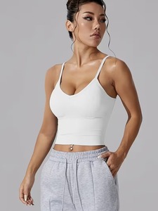 Women's Seamless Ribbed Sports Bra | Low-Back Criss-<b>Cross</b> Workout Tank <b>Top</b> | Spandex/Polyester White Gym Cami Removable Front - Product Image 5
