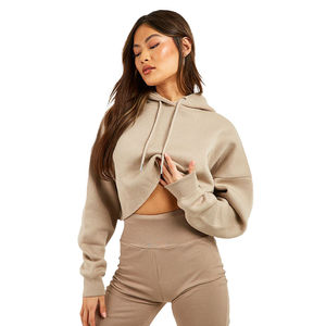 Sweat-shirt à capuche court beige uni pour femme, à manches longues, en molleton, avec logo personnalisé, OEM, ODM, vente en gros de vêtements - Product Image 5