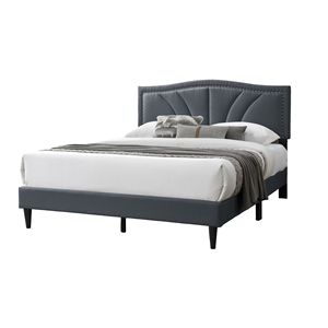 Letto matrimoniale moderno vintage con testiera imbottita e rivestimento in tessuto effetto tela, con finiture a borchie, colore antracite - Product Image 5