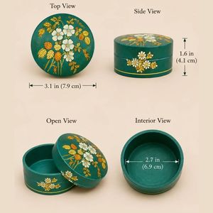 Caja de Joyería Cilíndrica Premium con Estampado Floral Cachemir en Color Verde, Estilo Tradicional con Tapas para Almacenamiento de Joyas - Product Image 5