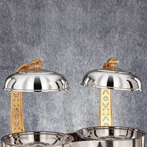 Calentador de Comida Tipo Buffet Doble Redondo de Lujo en Plata y Oro con Base Cortada con Láser y Tapas Colgantes para Catering de Bodas - Product Image 5