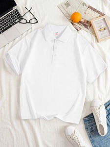 <b>White</b> Embroidered Solid Jersey Knitted Short Sleeve for <b>Shirt</b> <b>Casual</b> Collared Pullover for Uniform Wear - Product Image 1