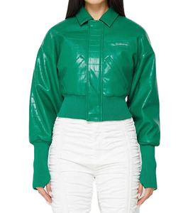 Vestes en cuir PU en peau de mouton véritable pour femmes, nouvelle collection d'hiver, design unique, vert, coupe courte, col montant en crochet, vente en gros - Product Image 1