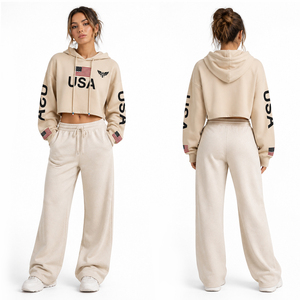 Women Cropped Hoodie USA Flag Print Beige Pullover Sweatshirt Long Sleeve Casual Streetwear Crop <b>Top</b> Hoodie - Product Image 2