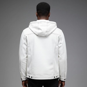 Chaqueta de mezclilla blanca con capucha para hombre, de algodón, informal, cortavientos, corte regular, color liso, con botones y bolsillos con pespuntes, para otoño. - Product Image 4