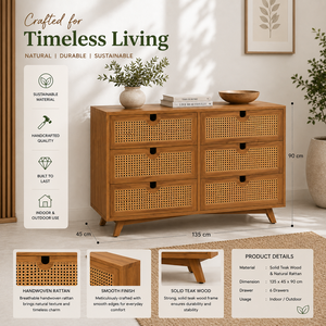 Teak Wood Rattan Dresser 6 Drawer Wooden <b>Storage</b> Cabinet Natural Cane Webbing <b>Sideboard</b> Solid Wood Bedroom Furniture Indonesia - Product Image 1