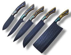 Ensemble de 5 couteaux en acier inoxydable faits à la main, finition martelée, couteau de chef, Santoku, hachoir, manche en bois Pakka - Product Image 2