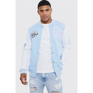 Chaqueta Varsity Personalizada para Hombre, Estilo Universitario, Cuello Redondo, Color Azul Claro, Resistente al Viento, para Invierno - Product Image 1